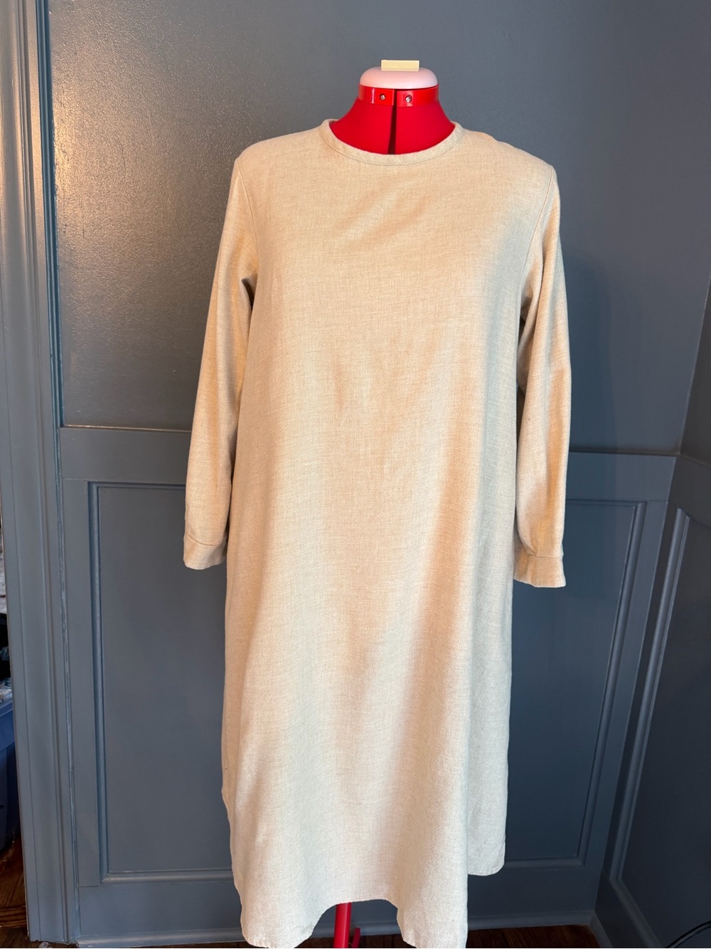 MUJI Women's S Beige Solid Knit Cotton Crew Neck 3/4 Sleeve Shift Midi Dress